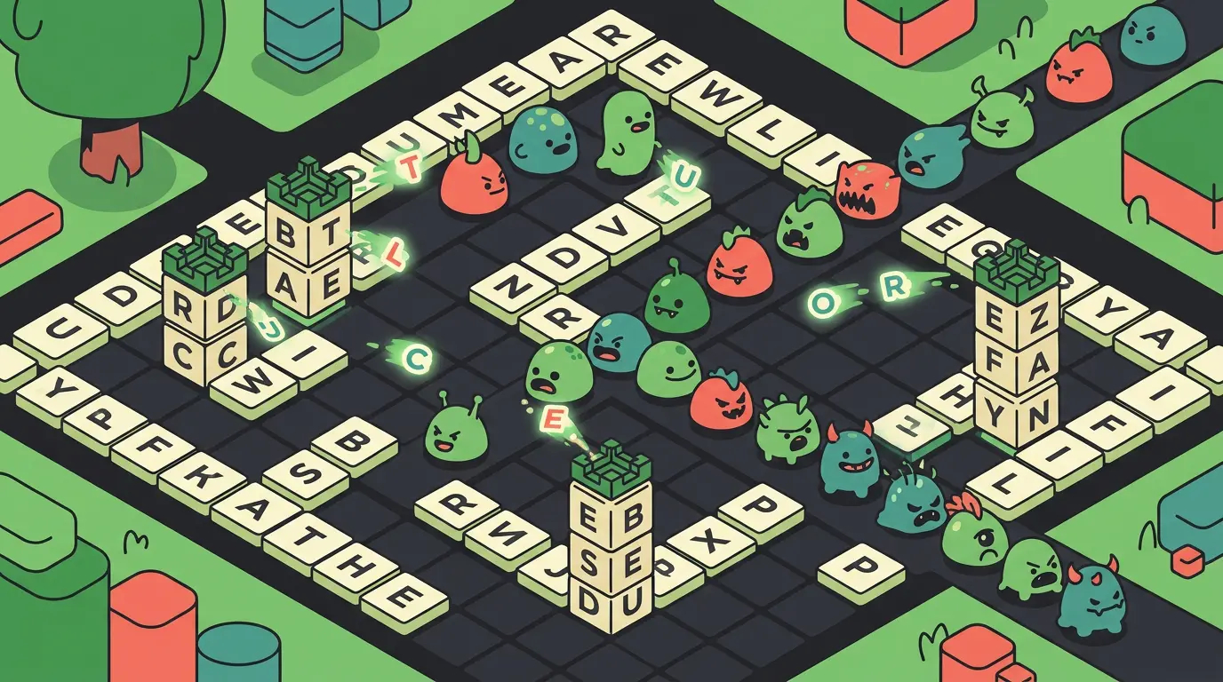 Isometric board of letter tiles stacked into towers, firing letters at a line of blob monsters